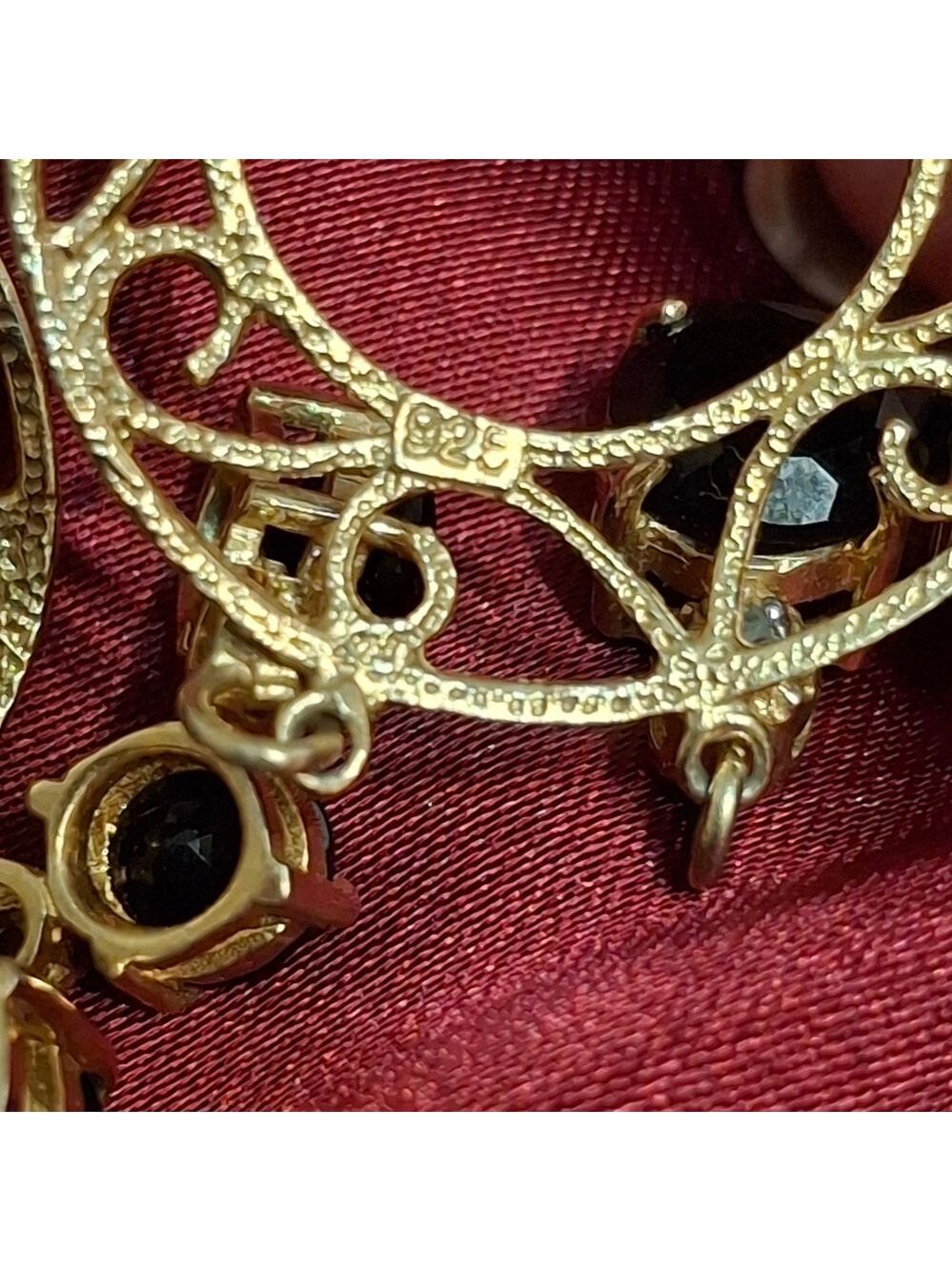 Gold Over Sterling Silver 925 and Black Amethyst and Diamond Dangle Earrings - Picture 7 of 9